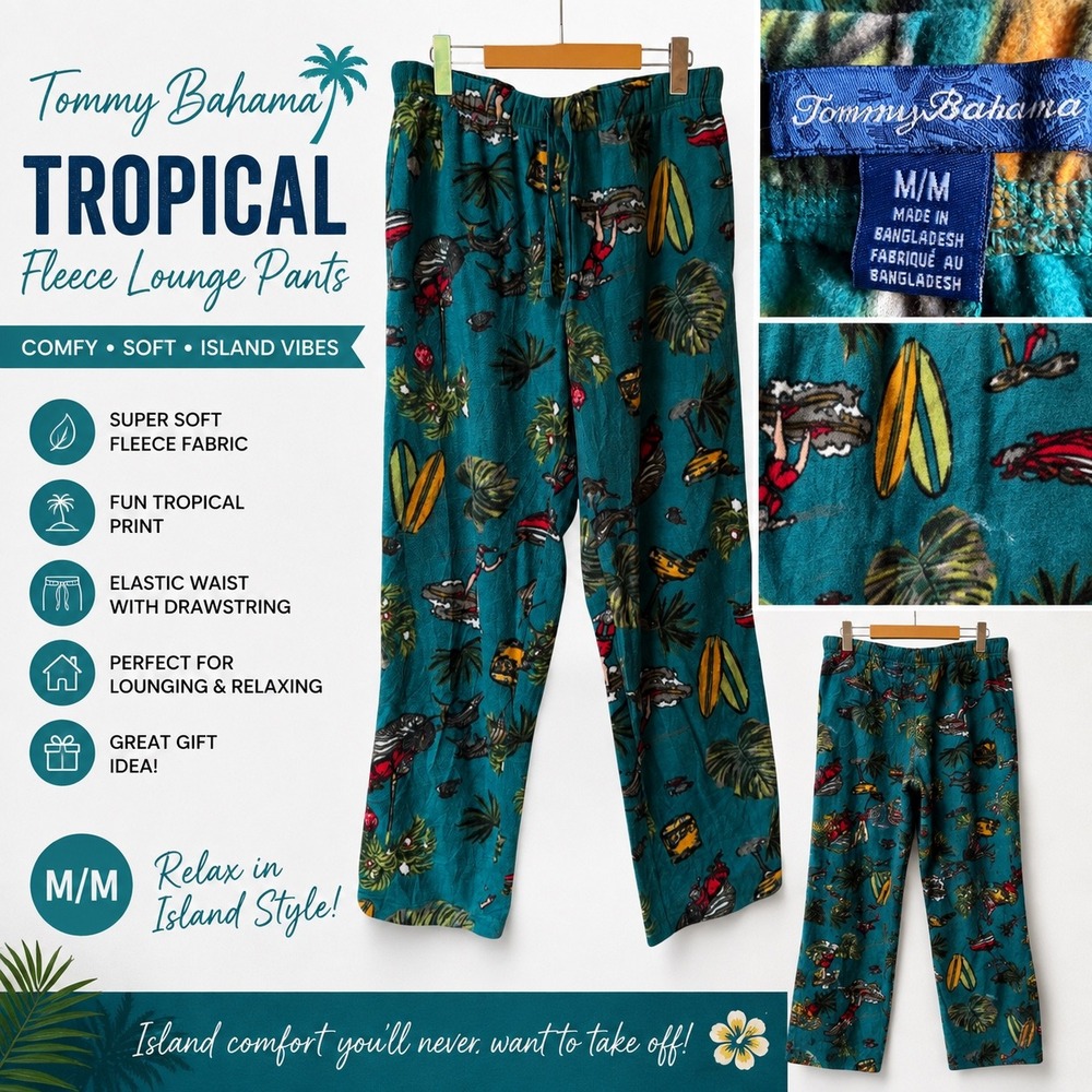 Tommy Bahama Mens Tropical Fleece Lounge Pants Teal Island Print Pajamas Medium
